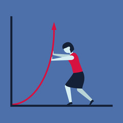 girl bends the curve of the graph up. vector flat illustration.