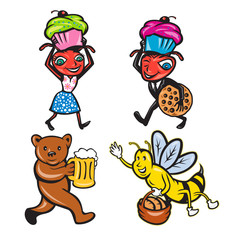 Set or collection of cartoon character mascot style illustration of animals with food like ant carrying cookie and muffin, bear serving beer and honeybee with bread on isolated white background.