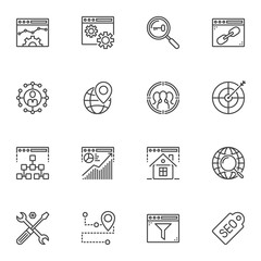 Search engine optimization line icons set. SEO linear style symbols collection outline signs pack. vector graphics. Set includes icons as browser settings, target arrow, search task bar, link, keyword