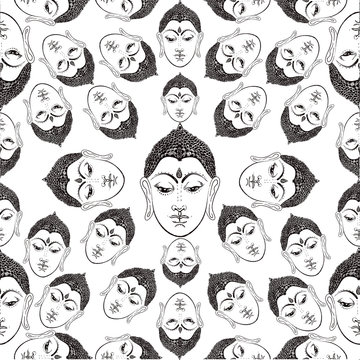 Graphic black and white hand drawn pattern with buddha