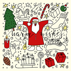 Doodle style color Christmas card . Holiday mood