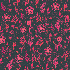 Watercolor seamless pattern pink flowers and ornament