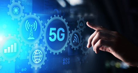 5G Fifth generation of mobile internet. Fast connection. Telecommunication concept on virtual screen.