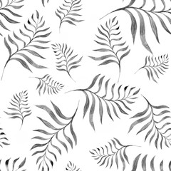 seamless pattern with compositions of hand drawn tropical  palm leaves, jungle plants, paradise bouquet. Beautiful black and white sketch