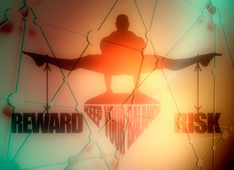 Balance between reward and risk. Silhouette of a man with the words tied