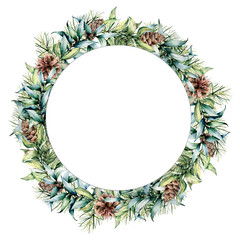 Watercolor circle template with pine cone and eucalyptus leaves. Hand painted fir and eucalyptus branches isolated on white background. Christmas floral illustration for print, design or background.