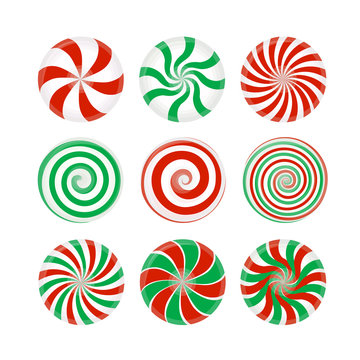 Striped candy without wrapper, Red and green caramel, Lollipop on white background.
