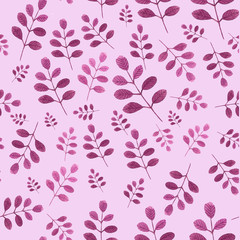 watercolor seamless pattern with purple leaves on the pink background