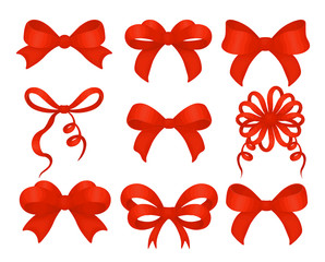 Set of different shape red bows gift decorative item for holiday gifts and Christmas cards or birthday decor. Vector