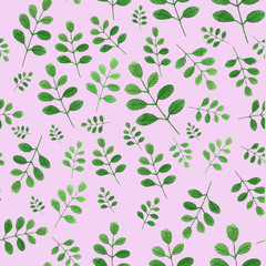 watercolor seamless pattern with green leaves on the pink background
