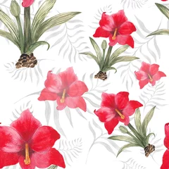 Deurstickers watercolor seamless pattern with red flowers Amaryllis, leaves © Анна Протопопова