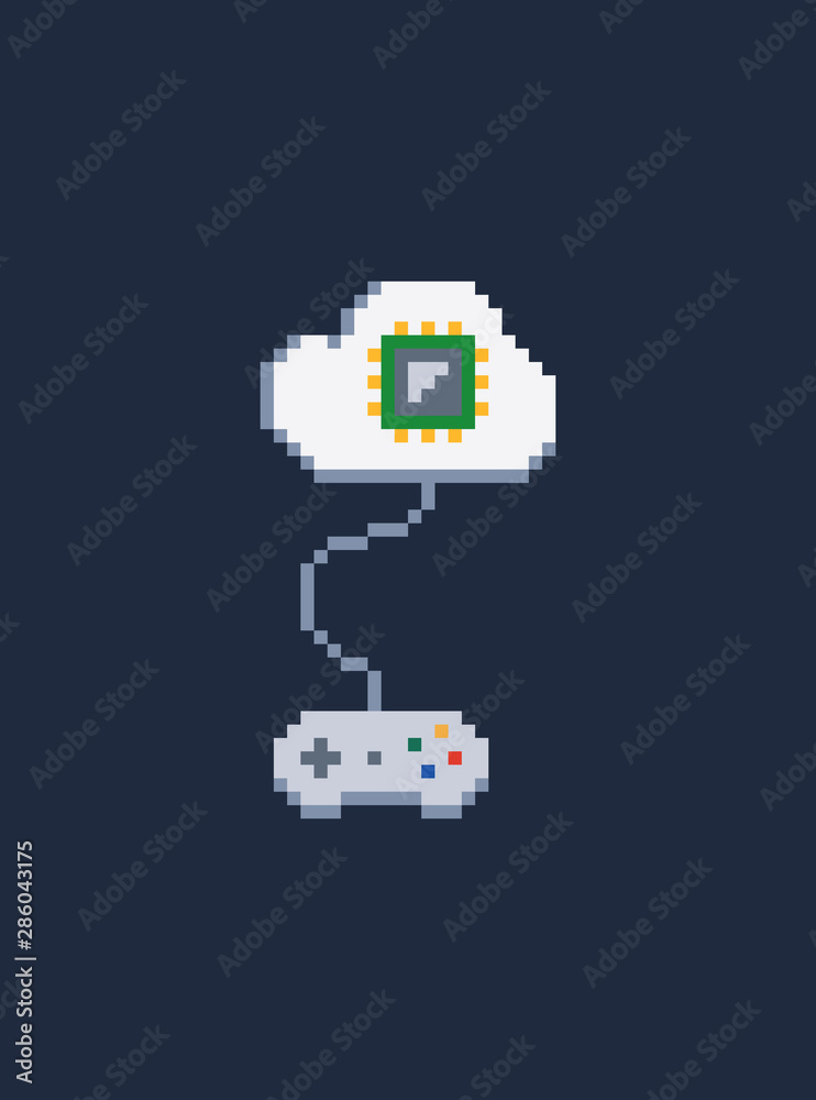 Poster white pixel art 8 bit gamepad for game console connected to cloud with processor - isolated vector i