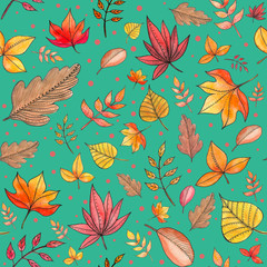seamless autumn leaves pattern on green background