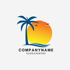 Sun palm Beach logo design Vector