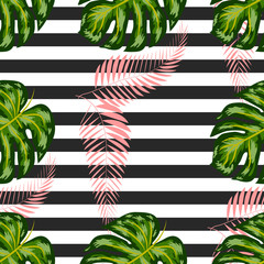 Exotic summer print. Seamless stripe pattern with tropical leaves. Jungle background.