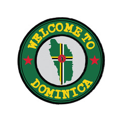 Vector stamp of welcome to Dominica with map outline of the nation in center.