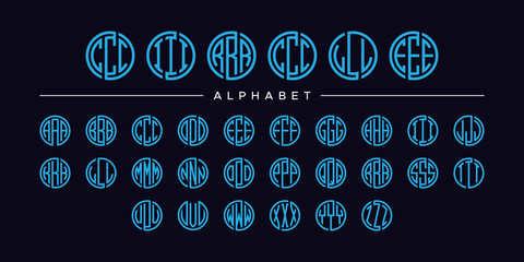 set three letter circle blue font vector alphabet