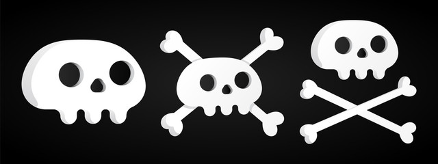 3 Simple flat style design sculls with crossed bones set icon sign vector illustration isolated on black background. Human part head, Jolly Roger pirat flag symbol or halloween scary decoration