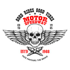Custom motorcycles .Poster template with winged skull. Design element for poster, flyer, card, banner. Vector illustration