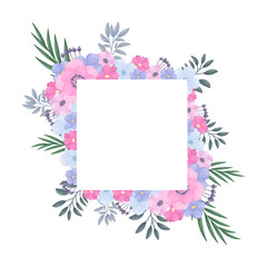 White square among flowers and leaves. Vector illustration on a white background.