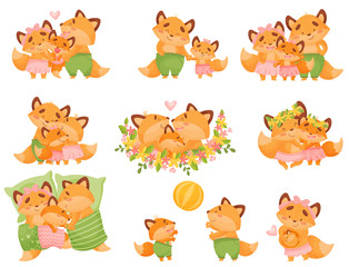 Obraz premium Set of images of a family of foxes. Vector illustration on a white background.