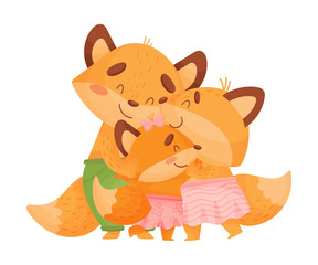 Obraz na płótnie Canvas Humanized family of foxes cuddling. Vector illustration on a white background.