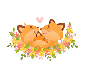 Humanized family of foxes cuddling among flowers. Vector illustration on a white background.
