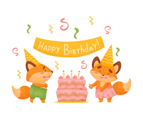 Little foxes celebrate a birthday. Vector illustration on a white background.
