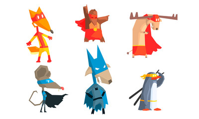 Collection of Funny Animals Characters Dressed as Superheroes with Capes And Masks, Courageous Cute Animals in Different Action Poses Vector Illustration