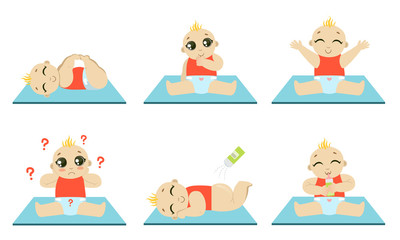 Cute Happy Baby Daily Routine Set, Adorable Kid Sitting, Playing, Drinking Milk Vector Illustration