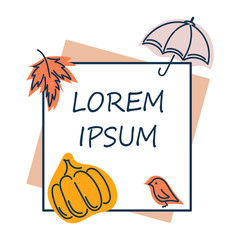 Autumn season. Autumn leaves, umbrella, pumpkin, bird, vector map, simple style, festival party invites poster banner design decorative border