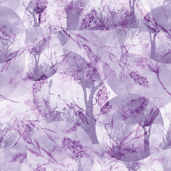 Watercolor seamless pattern, background with a floral pattern. Watercolor background, drawing with autumn with forest flowers, leaves, plants, berries branch. bush, tree, beautiful landscape. Grunge.