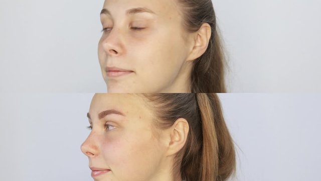 Video comparison before and after permanent makeup, tattooing of eyebrows for woman in beauty salon
