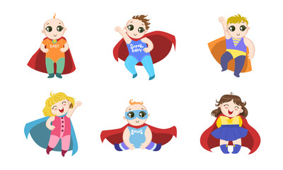 Cute Superhero Toddler Babies Set, Happy Adorable Boys and Girls in Costumes of Superhero and Capes Vector Illustration