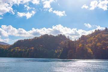 Beautiful autumn foliage scenery landscapes. Fall is full of magnificent colors. View from Lake Towada sightseeing Cruise ship. Clear blue sky, water, white cloud, sunny day background. Aomori, Japan