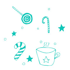 doodles hand-drawn Christmas set with a cup with star pattern, striped candies and lollipops, stars and snowballs. Vector EPS8