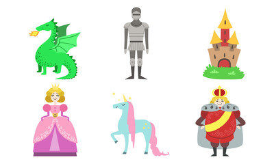 Cute Fairy Tales Characters Set, Princess, Prince, Unicorn, Dragon, Knight, Castle, Vector Illustration