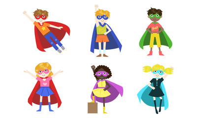 Cute Superhero Kids of Various Nationalities Set, Happy Adorable Boys and Girls in Costumes of Superhero, Capes amd Masks Vector Illustration