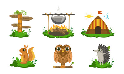 Cute Woodland Animals and Camping Elements Set, Squirrel, Wooden Signpost, Campfire with Cauldron, Tent, Owl, Hedgehog Vector Illustration