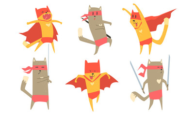 Funny Ninja Dog and Cat Characters Set, Cute Superhero Animals Vector Illustration