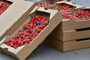 Strawberries in a wooden box processed and ready for sale.