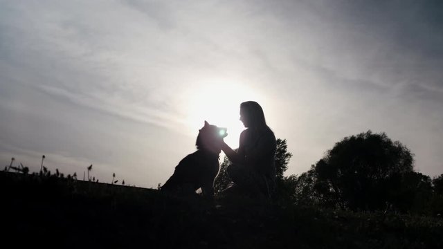 Girl and her husky dog on evening walk in countryside, silhouette of mistress