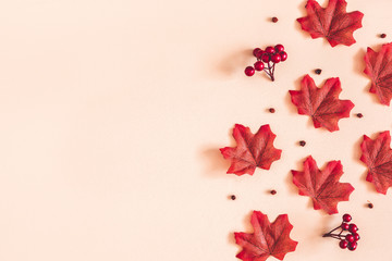 Autumn composition. Red maple leaves on beige background. Autumn, fall, thanksgiving day concept. Flat lay, top view, copy space