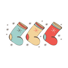 A set of winter shoes. Boots with embroidery. Colorful, festive style. Finnish, Russian style. Warm shoes for walking in winter. Isolated object on white background. Nice Doodle.