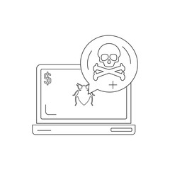 Bug sign on a laptop screen. A speech bubble displays danger sign. Computer virus or cyber crime concept. 