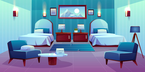 Modern hotel comfortable double room interior with separate single beds, lamps on bedside cabinets, mountain paintings on wall, armchairs, greeting card on coffee table cartoon vector illustration