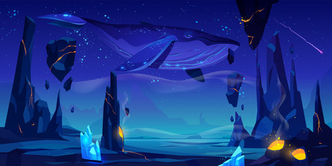 Fantasy world, alien planet, strange dream, another dimension illusion cartoon vector background. Whale flies in night starry sky under desert with active volcano and levitating stones illustration