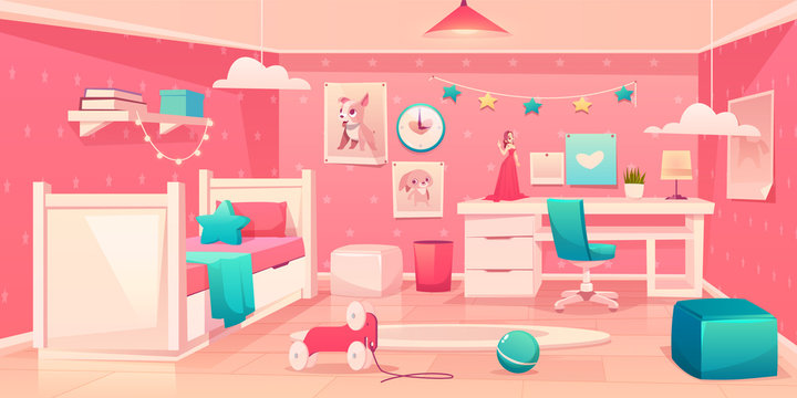 Little girl bedroom cozy interior in pink, turquoise colors with single bed, soft ottoman, animal pictures on wall, comfortable chair near desk, toys and carpet on floor cartoon vector illustration