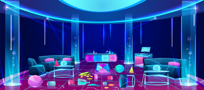 Mess and chaos in empty nightclub after weekend party cartoon vector concept with balloons, paper cups, broken glasses, flipped upside down furniture, scattered on dirty dance floor illustration