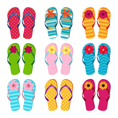 vector collection of colored summer flop flops